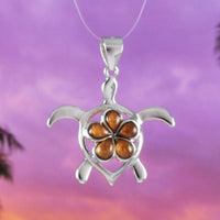 Beautiful Hawaiian Large Genuine Koa Wood Plumeria Sea Turtle Earring and Necklace, Sterling Silver Plumeria Turtle Pendant, N8507S