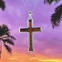 Gorgeous Hawaiian X-Large Genuine Koa Wood Cross Necklace, Sterling Silver Cross Pendant, N8517 Birthday Mother Gift