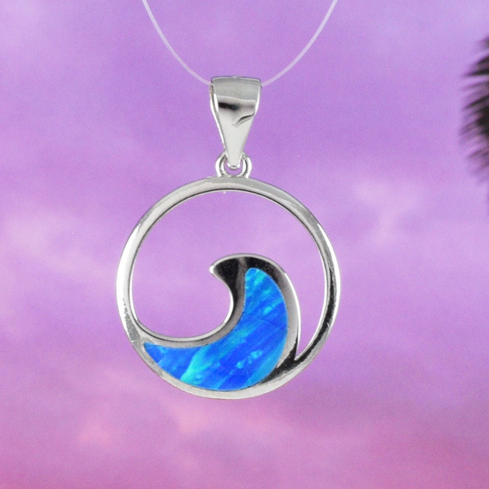 Unique Hawaiian Blue Opal Ocean Wave Necklace, Sterling Silver Blue Opal Wave Pendant, N8383 Birthday Mom Mother Gift, Island Jewelry