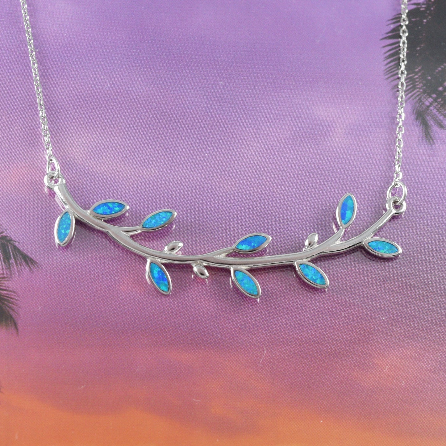 Unique Beautiful Large Hawaiian Blue Opal Maile Leaf Necklace, Sterling Silver Blue Opal Maile Leaf Necklace, N8391 Birthday Mother Gift