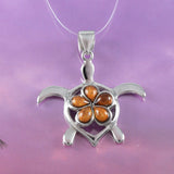 Beautiful Hawaiian Large Genuine Koa Wood Plumeria Sea Turtle Earring and Necklace, Sterling Silver Plumeria Turtle Pendant, N8507S