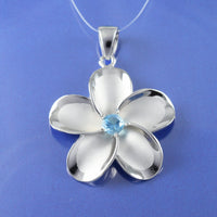 Beautiful Hawaiian Large Genuine Blue Topaz Plumeria Earring and Necklace, Sterling Silver Plumeria Flower Pendant, N8534SH Birthday Gift