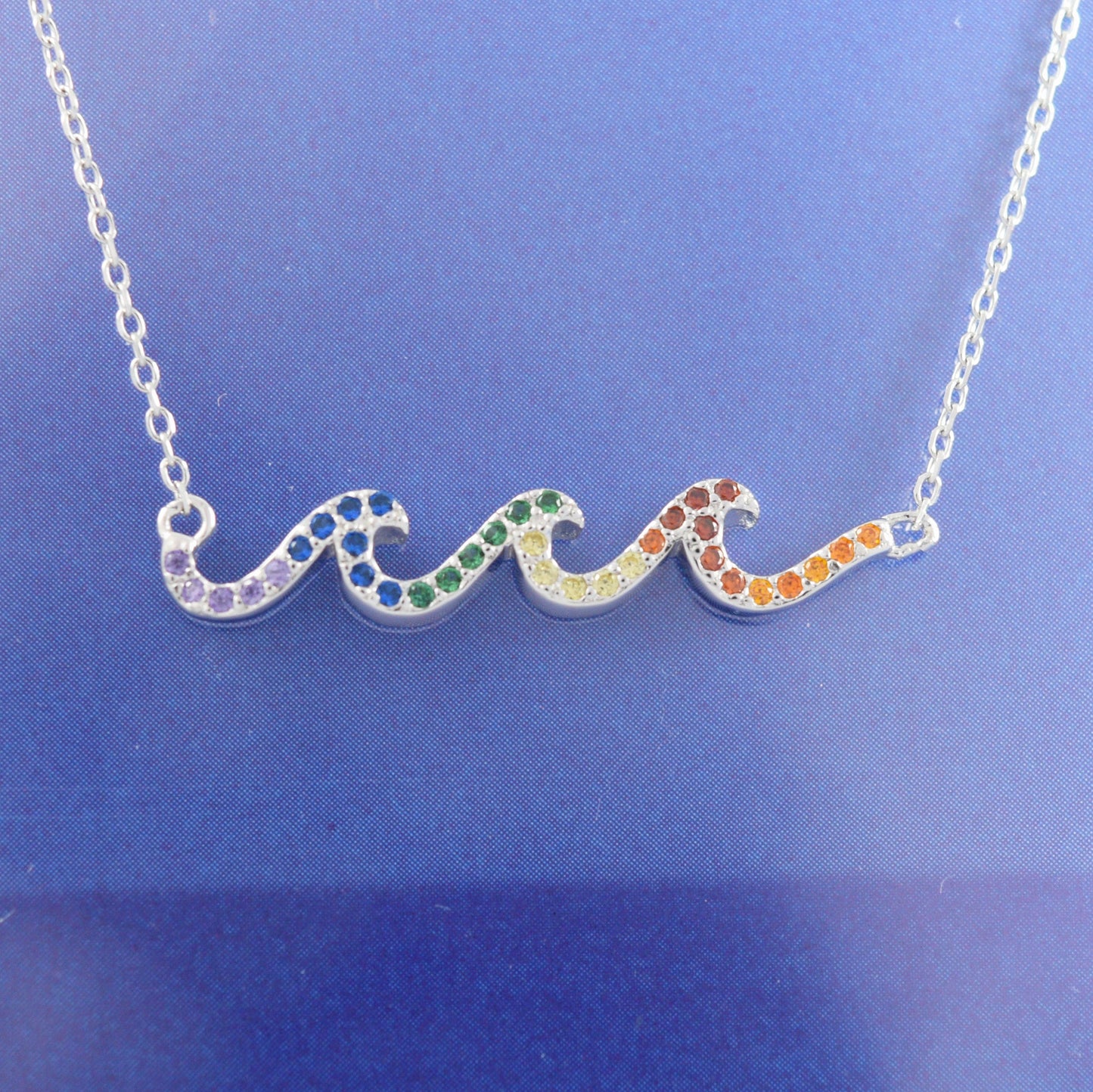 Unique Hawaiian Rainbow Ocean Wave Necklace, Sterling Silver Multi-Color Stone Wave Necklace, N8542 Birthday Mom Mother Gift