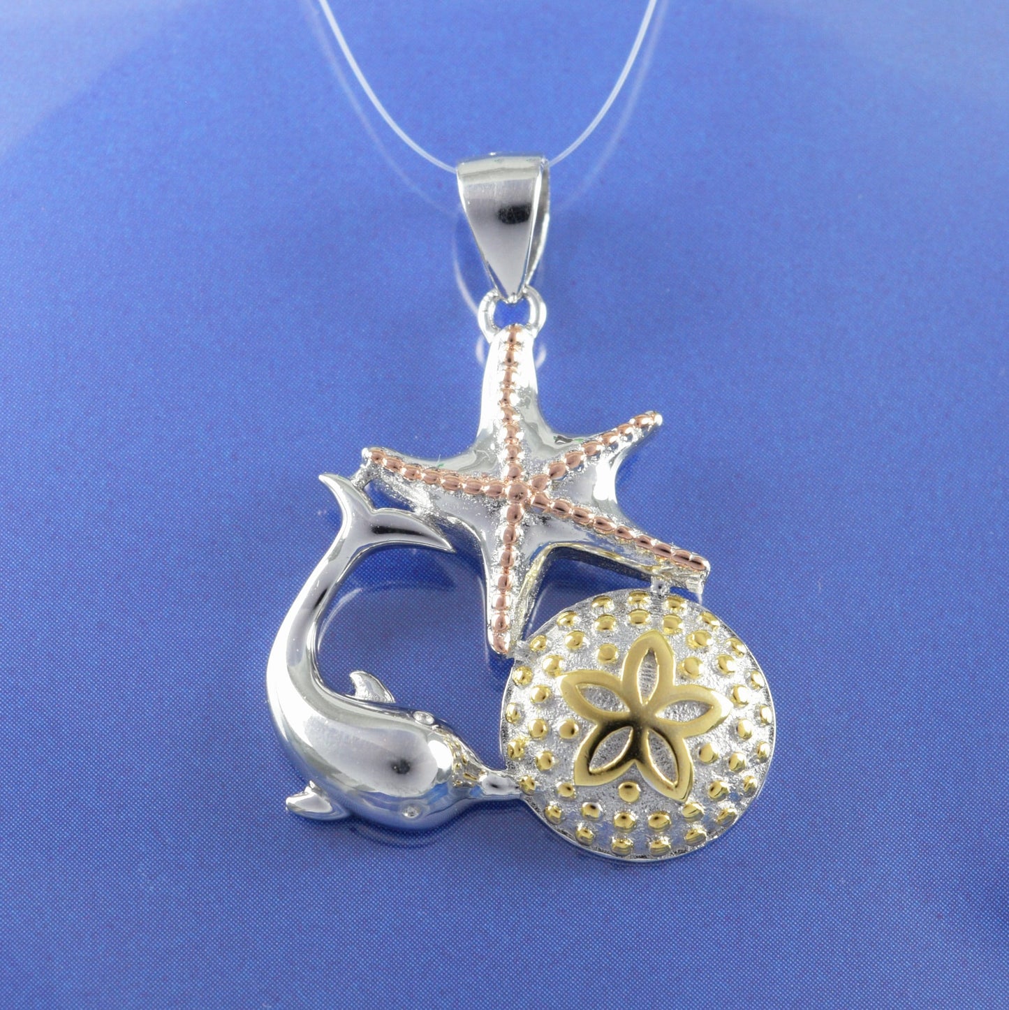 Boucles d'oreilles et collier uniques en forme d'étoile de mer, de dauphin et de dollar de sable tricolore hawaïen, pendentif en argent sterling en forme d'étoile de mer, cadeau d'anniversaire pour mère N8555S