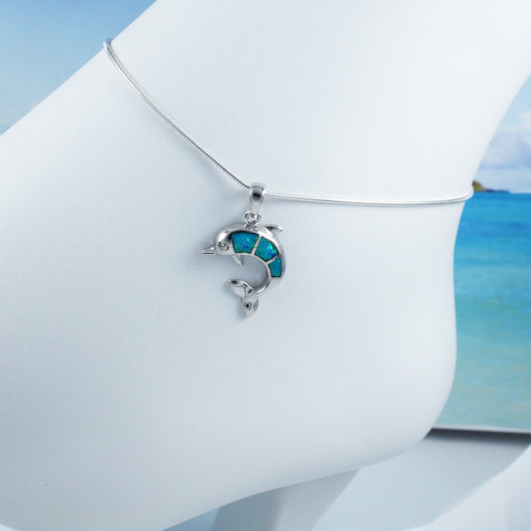 Beautiful Hawaiian Blue Opal Dolphin Anklet or Bracelet, Sterling Silver Blue Opal Dolphin Charm Bracelet, A2025 Birthday Mother Mom Gift