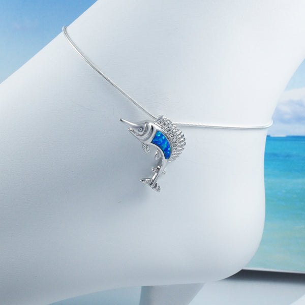 Unique Hawaiian Blue Opal Marlin Fish Anklet or Bracelet, Sterling Silver Opal Swordfish Charm Bracelet, A6161 Birthday Mom Mother Gift