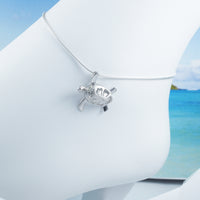 Magnifique bracelet de cheville ou bracelet en forme de tortue de mer hawaïenne de grande taille, bracelet à breloques en argent sterling avec hibiscus et zircone cubique, cadeau d'anniversaire pour maman A2024