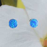 Beautiful Hawaiian Blue Opal Round-Cut Earring, Sterling Silver Blue Opal Stud Earring, E8634 Birthday Mother Mom Gift