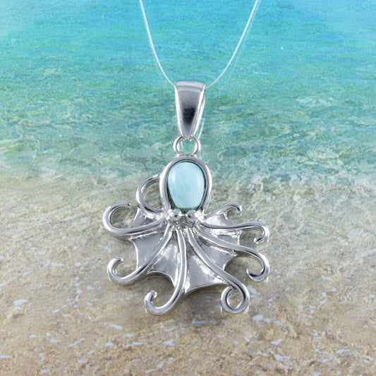 Collier unique en véritable larimar hawaïen avec pendentif en argent sterling et poulpe, N8934, cadeau d'anniversaire pour mère, épouse, maman