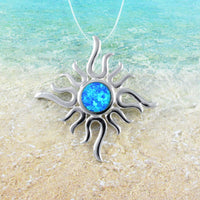 Unique Hawaiian Blue Opal Sun Necklace, Sterling Silver Blue Opal Sun Pendant, N8942 Mother Birthday Anniversary Mom Wife Gift