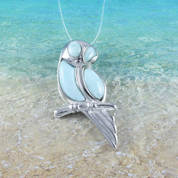 Unique Hawaiian Genuine Larimar Owl Necklace, Sterling Silver Larimar Owl Pendant, N8933 Birthday Mom Mother Gift