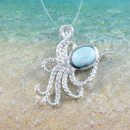 Collier unique hawaïen en véritable larimar avec pendentif en forme de pieuvre en argent sterling et zircon cubique, cadeau d'anniversaire pour mère, épouse, maman, N8936