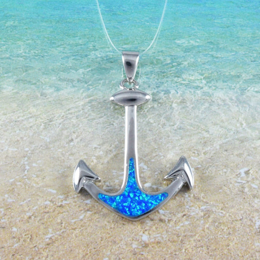 Collier unique en forme d'ancre hawaïenne avec grande opale bleue, pendentif en argent sterling avec opale, cadeau d'anniversaire pour maman N8944