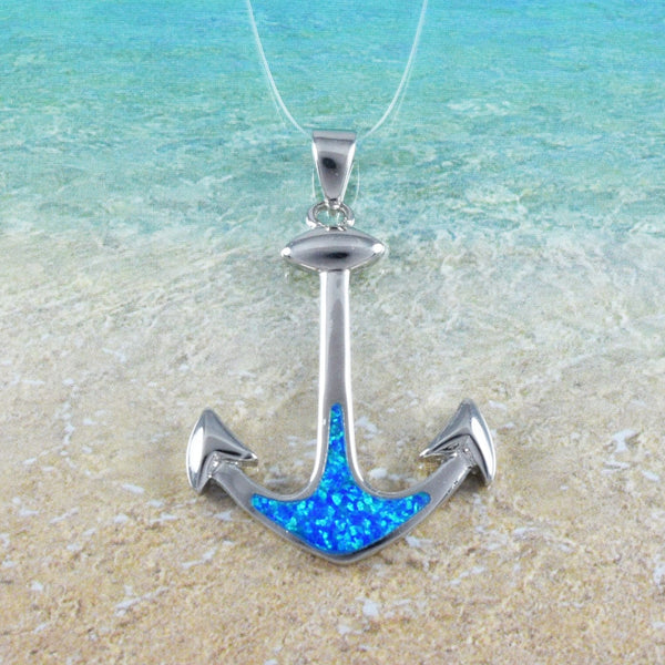 Unique Hawaiian Large Blue Opal Anchor Necklace, Sterling Silver Opal Anchor Pendant, N8944 Birthday Mom Mother Gift