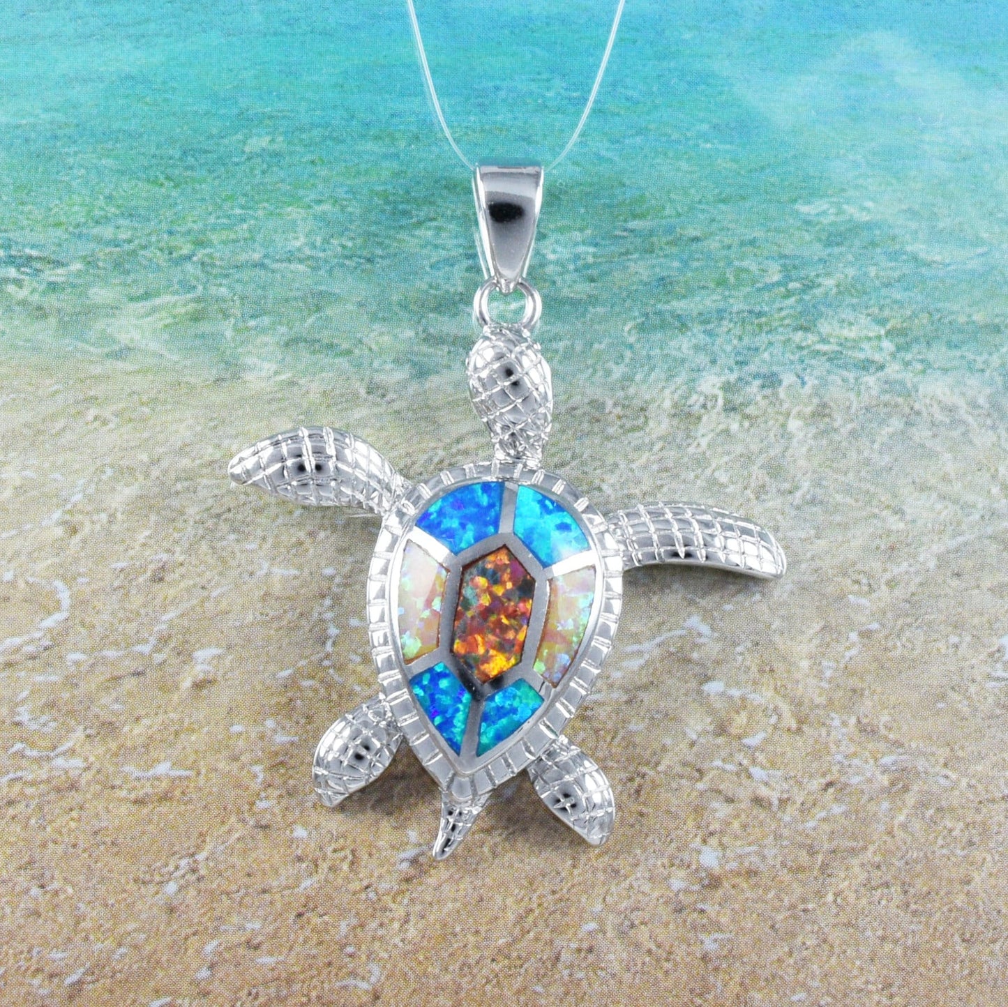 Gorgeous Hawaiian Large Tri-color Opal Sea Turtle Necklace, Sterling Silver Opal Turtle Pendant, N8946 Birthday Mom Gift, Statement PC