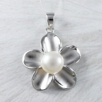 Stunning Hawaiian Genuine White Pearl Plumeria Necklace, Sterling Silver Plumeria White Pearl Pendant, N9221 Birthday Mom Gift, Statement PC