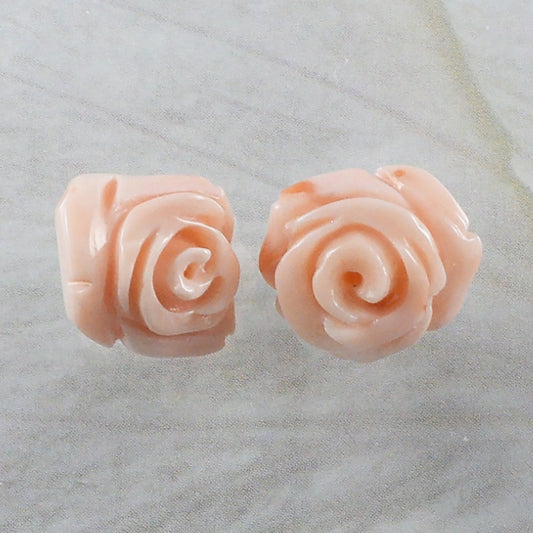 Unique Hawaiian Genuine Pink Coral Rose Earring, 14KT Solid Yellow-Gold Pink Coral Hand Carved Rose Stud Earring, E9208 Birthday Mom Gift