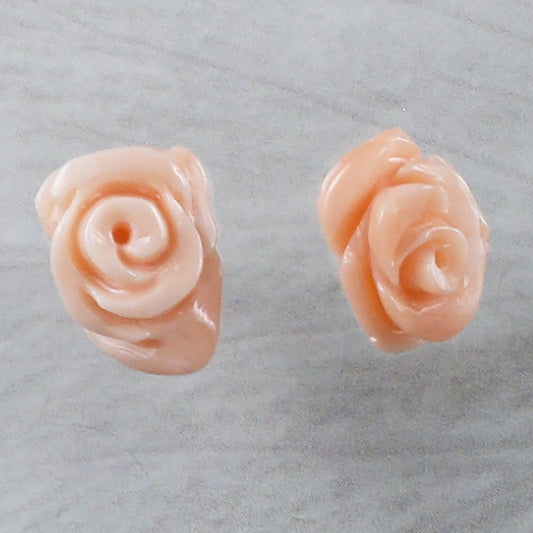 Unique Hawaiian Genuine Pink Coral Rose Earring, 14KT Solid Yellow-Gold Pink Coral Hand Carved Rose Stud Earring, E9213 Birthday Mom Gift