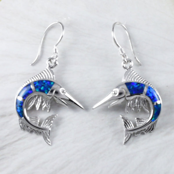 Boucles d'oreilles marlin en opale bleue hawaïenne uniques de grande taille, boucles d'oreilles pendantes en argent sterling avec opale bleue marlin, cadeau d'anniversaire pour maman E9258