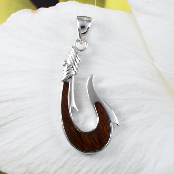 Unique Gorgeous Hawaiian XX-Large Genuine Koa Wood Fish Hook Necklace, Sterling Silver Fish Hook Pendant, N9275 Birthday Mother Gift