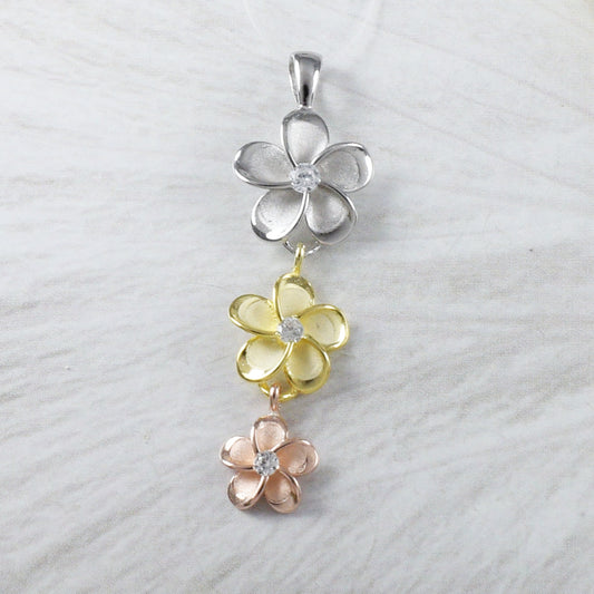 Beautiful Hawaiian 3 Plumeria Necklace, Past Present & Future, Sterling Silver 3 Tri-color Plumeria CZ Pendant, N9291 Birthday Mom Gift