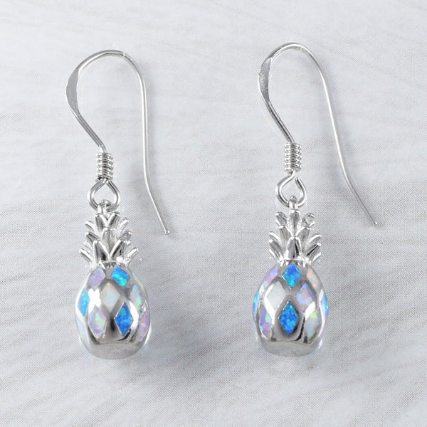 Boucles d'oreilles uniques en forme d'ananas en opale tricolore 3D hawaïenne, boucles d'oreilles pendantes en argent sterling avec opale bleue, blanche et rose, cadeau d'anniversaire E9340