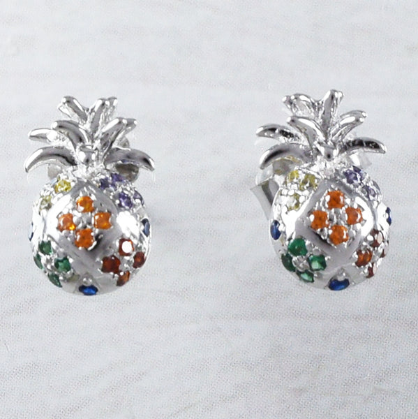 Unique Hawaiian Rainbow Pineapple Earring, Sterling Silver Multi-Color Stone Pineapple Stud Earring, E9349 Birthday Mom Mother Gift