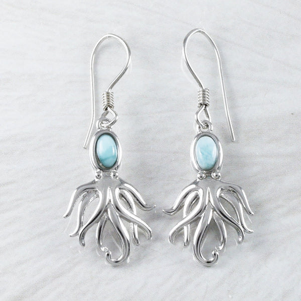 Unique Hawaiian Genuine Larimar Octopus Earring, Sterling Silver Larimar Octopus Dangle Earring, E9362 Birthday Valentine Mom Gift