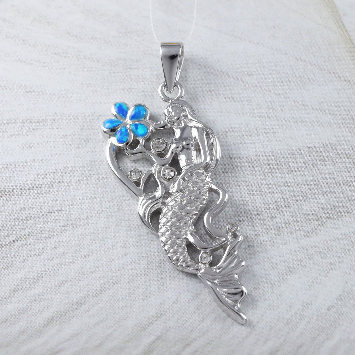 Unique Stunning Large Hawaiian Mermaid Necklace, Sterling Silver Blue Opal Plumeria Mermaid CZ Pendant, N9304 Birthday Gift, Statement PC