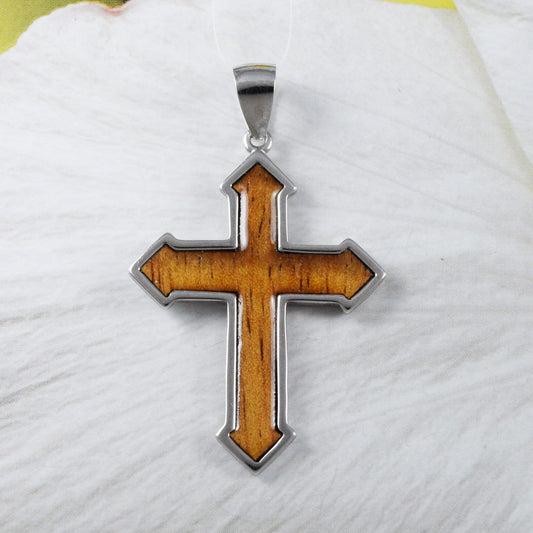 Collier en bois de koa véritable de très grande taille et magnifique, pendentif en croix en argent sterling, cadeau d'anniversaire pour mère N9318, déclaration PC