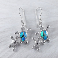 Boucles d'oreilles uniques et magnifiques en forme de tortue de mer pour maman et bébé, en argent sterling, avec opale bleue et 2 tortues, cadeau d'anniversaire pour maman E9382