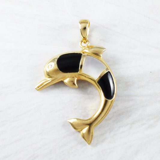 Unique Hawaiian Genuine Black Coral Dolphin Pendant, 14KT Solid Yellow-Gold Black Coral White MOP Dolphin Pendant, P9207 Made in Hawaii