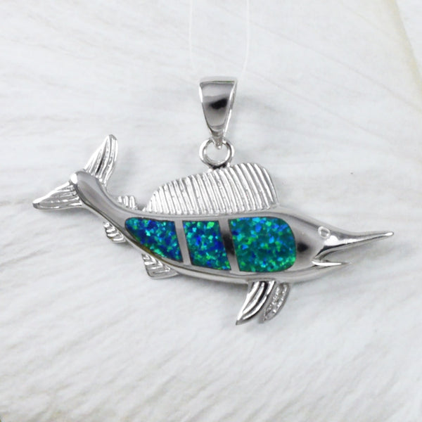 Unique Gorgeous Hawaiian Large Blue Opal Marlin Necklace, Sterling Silver Opal Marlin Fish Pendant, N9226 Birthday Mom Gift, Statement PC