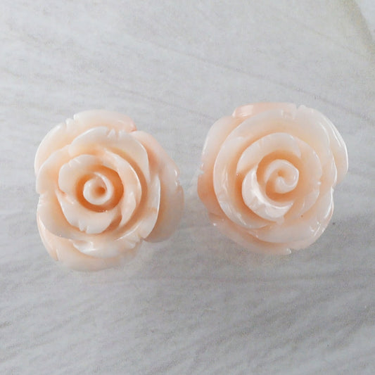 Unique Gorgeous Hawaiian Large Genuine Pink Coral Rose Earring, 14KT Solid Yellow-Gold Pink Coral Hand Carved Rose Stud Earring, E9212