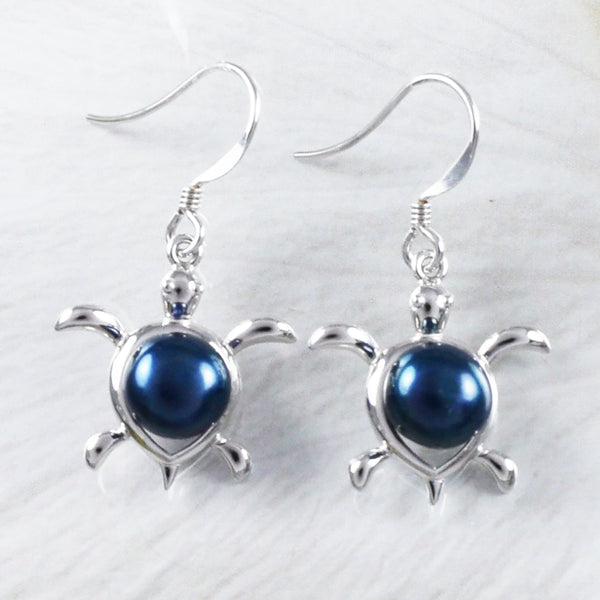 Boucles d'oreilles uniques et magnifiques en forme de tortue de mer en véritable perle noire hawaïenne, boucles d'oreilles pendantes en argent sterling, cadeau d'anniversaire pour maman E9252