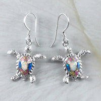 Unique Gorgeous Hawaiian Large Tri-color Opal Sea Turtle Earring, Sterling Silver Blue White Pink Opal Turtle Dangle Earring, E9286