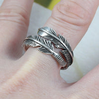 Bague réglable unique en forme de grande plume hawaïenne, bague en argent sterling avec plume de protection, cadeau d'anniversaire pour maman R2393