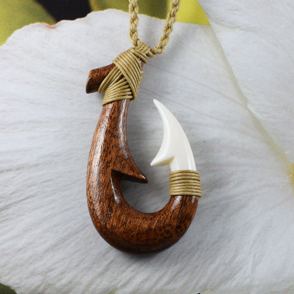 Unique Hawaiian Large Genuine Koa Wood Fish Hook Necklace, Hand Carved Buffalo Bone 3D Fish Hook Necklace, N9404 Birthday Mother Gift