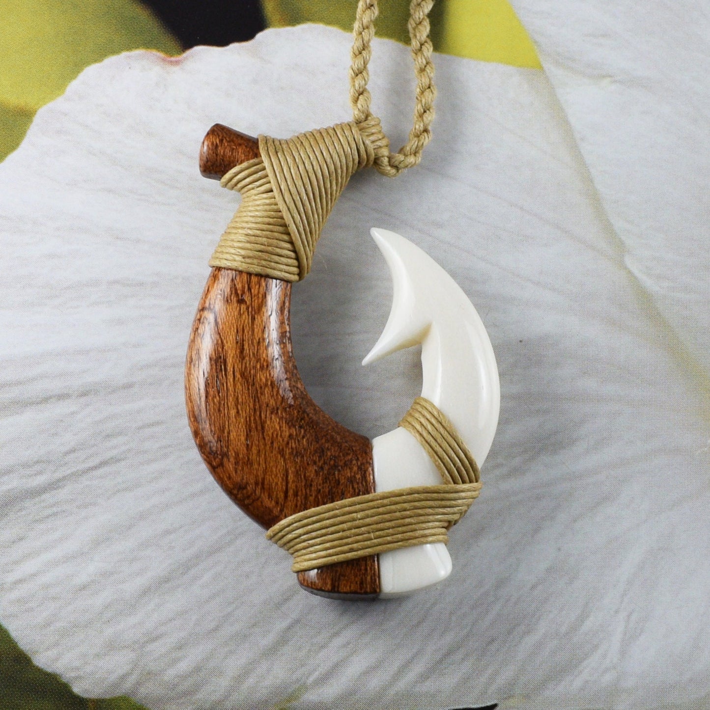 Unique Hawaiian Large Genuine Koa Wood Fish Hook Necklace, Hand Carved Buffalo Bone 3D Fish Hook Necklace, N9405 Birthday Mother Gift