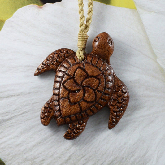 Unique Hawaiian Large Genuine Koa Wood Sea Turtle Necklace, Hand Carved Koa Wood Plumeria Turtle Necklace, N9408 Birthday Mother Gift