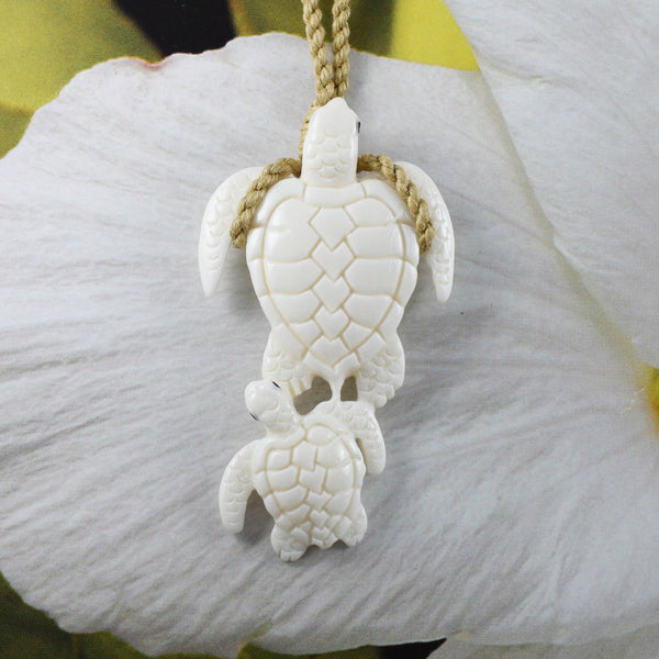 Unique Hawaiian X-Large Mom and Baby Sea Turtle Necklace, Hand Carved Buffalo Bone 2 Turtle Necklace, N9411 Birthday Mother Gift