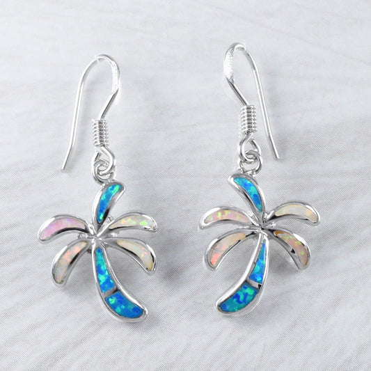 Unique Beautiful Hawaiian Tri-color Opal Palm Tree Earring, Sterling Silver Blue White Pink Opal Palm Tree Dangle Earring, E9341