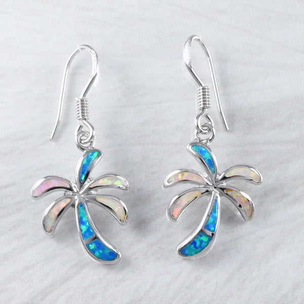 Boucles d'oreilles pendantes en forme de palmier hawaïen tricolore en opale bleue, blanche et rose, en argent sterling, E9341