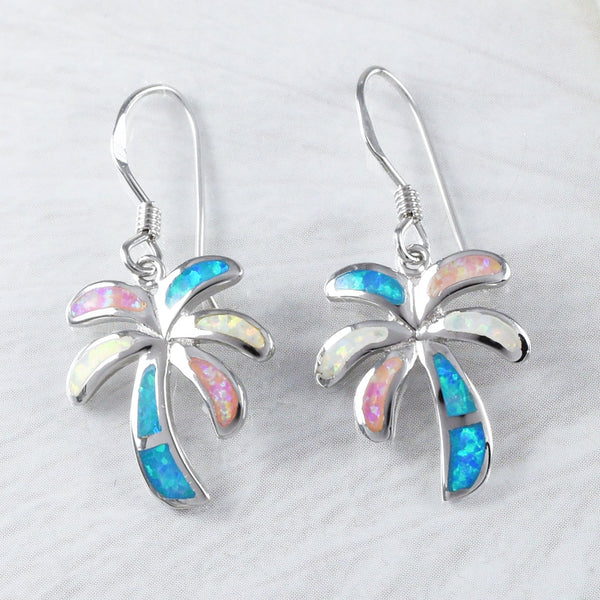 Boucles d'oreilles pendantes en forme de palmier hawaïen tricolore, en argent sterling, bleu, blanc, rose, opale, E9342