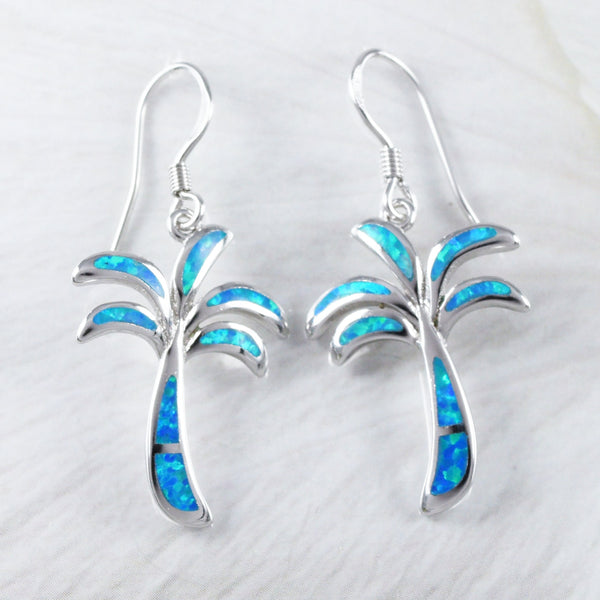 Boucles d'oreilles uniques et magnifiques en forme de palmier hawaïen de très grande taille avec opale bleue, boucles d'oreilles pendantes en argent sterling avec opale bleue, E9344 Statement PC