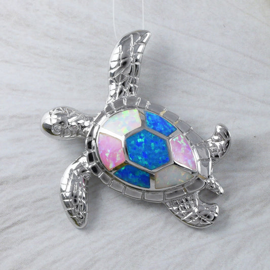 Collier unique et magnifique en forme de tortue de mer hawaïenne tricolore de très grande taille, pendentif en argent sterling avec opale bleue, blanche et rose, N9302 Statement PC