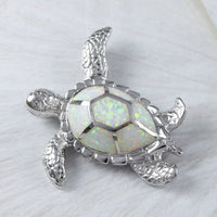 Unique Gorgeous Hawaiian X-Large White Opal Sea Turtle Necklace, Sterling Silver White Opal Turtle Pendant N9306 Birthday Gift, Statement PC