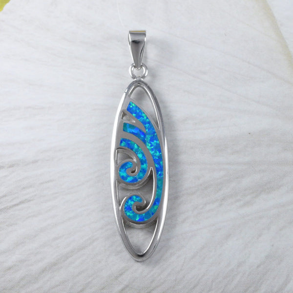 Collier unique en forme de planche de surf hawaïenne avec grande vague d'opale bleue, pendentif en argent sterling avec vague d'opale bleue, cadeau d'anniversaire pour maman N9313