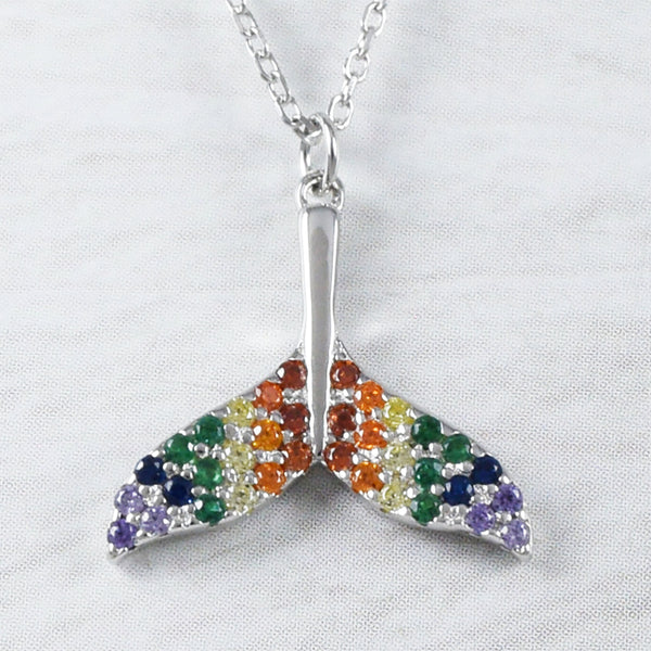 Unique Hawaiian Rainbow Whale Tail Necklace, Sterling Silver Multi-Color Stone Whale Tail Necklace, N9330 Birthday Mom Mother Gift