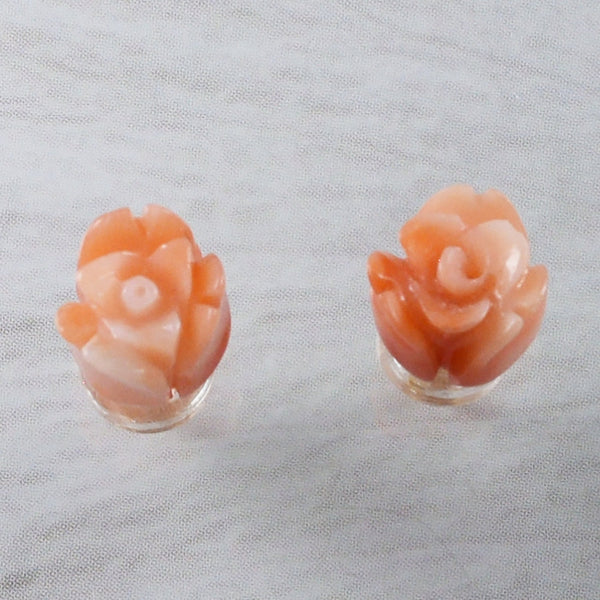 Boucles d'oreilles uniques et magnifiques en corail rose hawaïen 3D véritable, boucles d'oreilles à tige en or jaune massif 14 carats sculptées à la main en corail rose, E9377